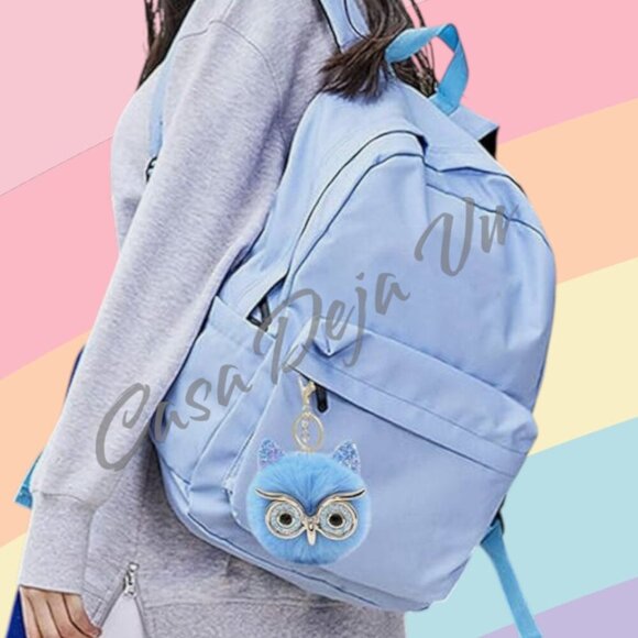 ๐ HOST PICK ๐ Powder Blue Pom Puff Bespectacled Owl Bag Charm Key Chain - Picture 2 of 6